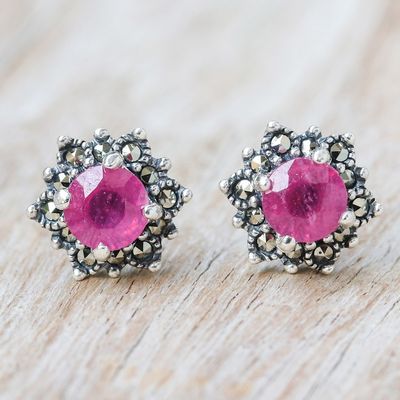 Alternate image for Artisan Crafted Ruby and Marcasite Stud Earrings Firefly in Pink