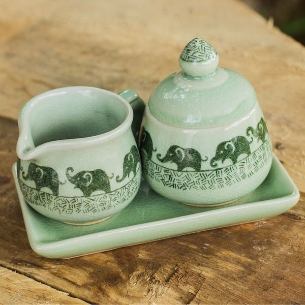 Alternate image for Elephant Cream and Sugar Set in Green Celadon Ceramic Elephants on Parade