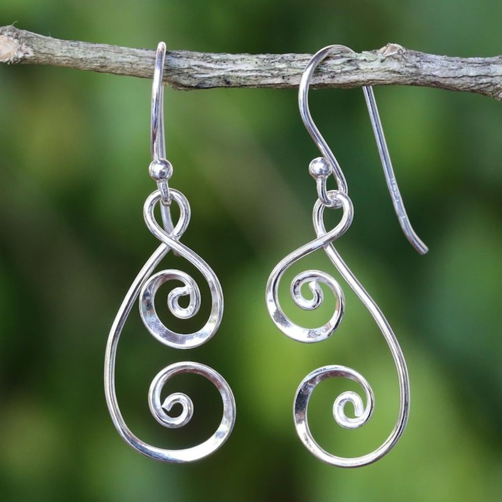 925 Sterling Silver Artisan Crafted Thai Art Dangle Earrings 'Lanna Spirals'