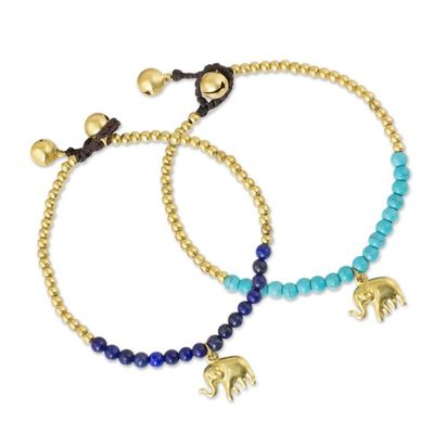 Alternate image for Brass Beaded Bracelets with Lapis Lazuli and Calcite Pair Stylish Elephants