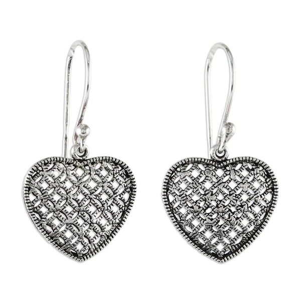 Alternate image for Sterling Silver Heart-Shaped Dangle Earrings from Thailand Textured Hearts