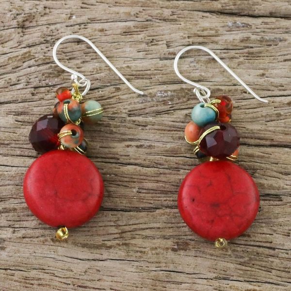Alternate image for Red Calcite and Glass Bead Dangle Earrings from Thailand Red Circles