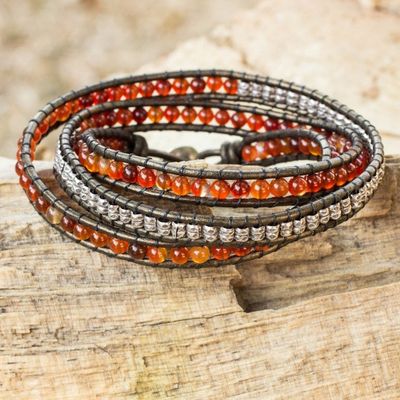 Alternate image for Fair Trade Leather Carnelian and Silver Handcrafted Bracelet Peace