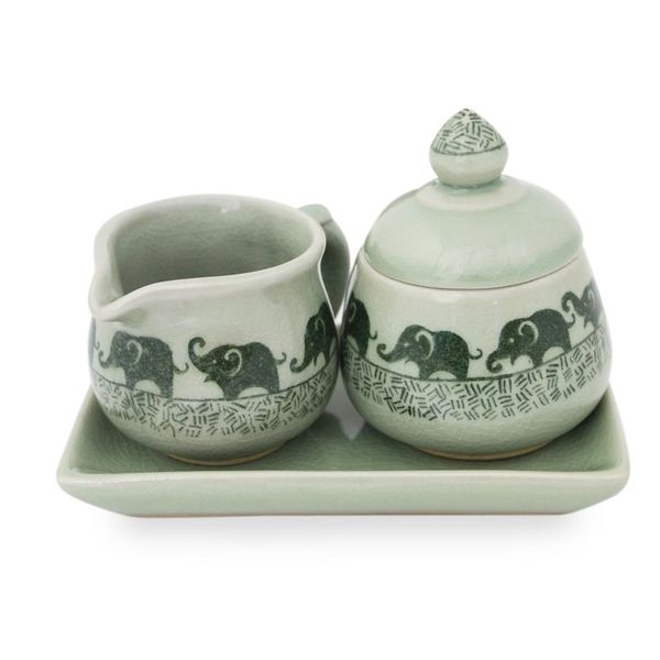 Alternate image for Elephant Cream and Sugar Set in Green Celadon Ceramic Elephants on Parade