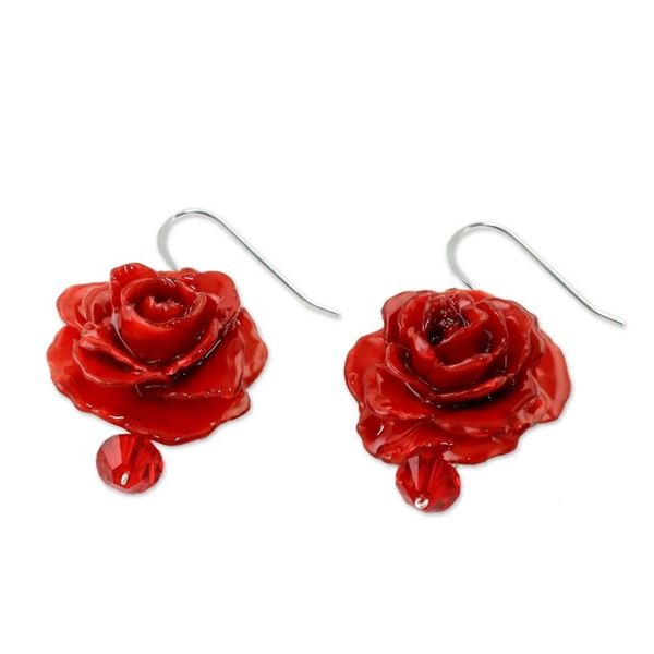 Alternate image for Natural Rose Dangle Earrings in Red from Thailand Floral Temptation in Red