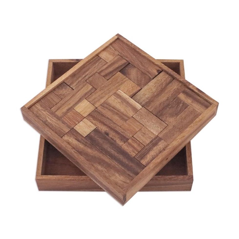 Handcrafted Square Wood Geometric Puzzle from Thailand 'Geometry Game'