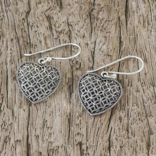 Alternate image for Sterling Silver Heart-Shaped Dangle Earrings from Thailand Textured Hearts