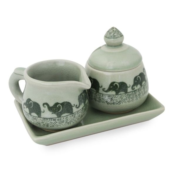 Alternate image for Elephant Cream and Sugar Set in Green Celadon Ceramic Elephants on Parade