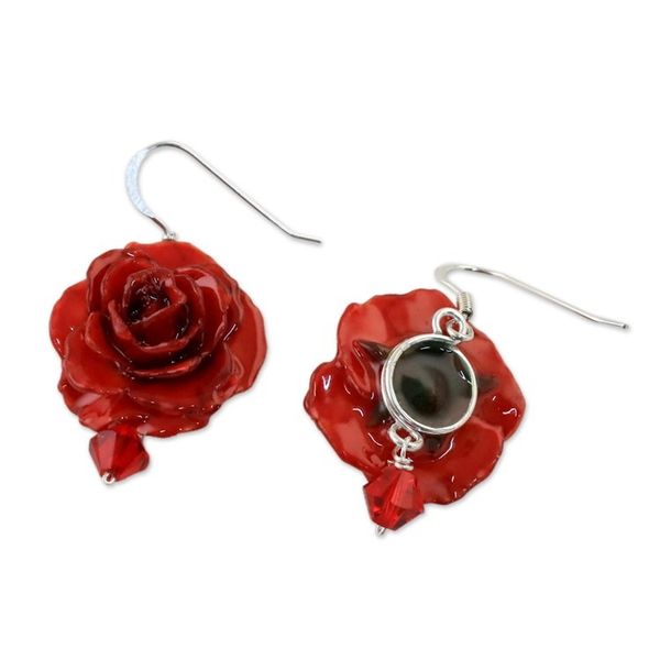 Alternate image for Natural Rose Dangle Earrings in Red from Thailand Floral Temptation in Red