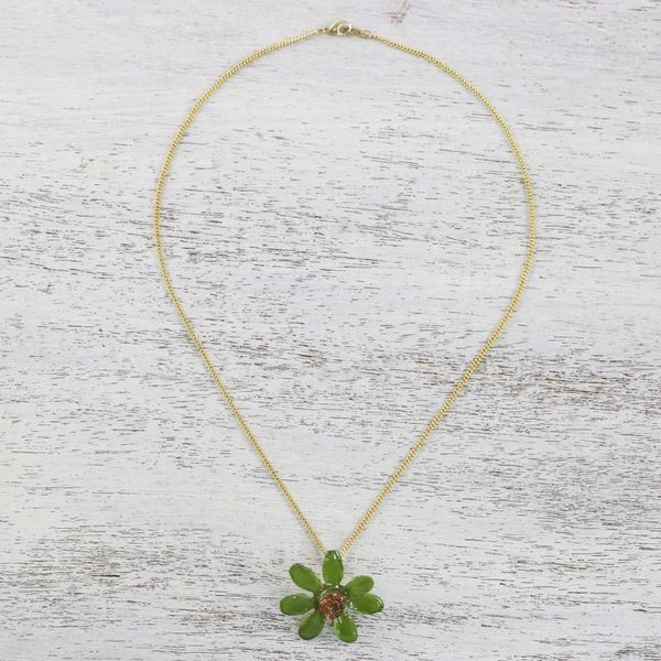 Alternate image for 22k Gold Plated Green Zinnia Flower Pendant from Thailand Zinnia Charm in Green