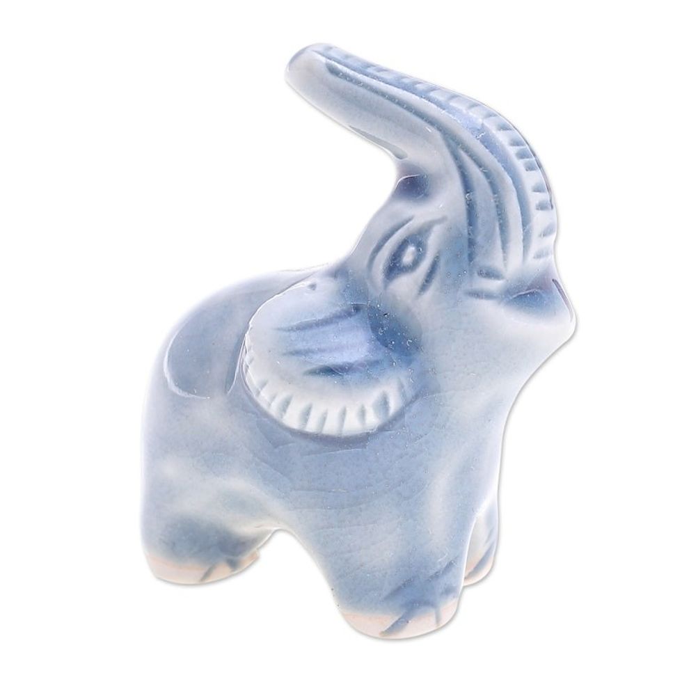 Artisan Crafted Ceramic Figurine 'Happy Elephant in Blue'