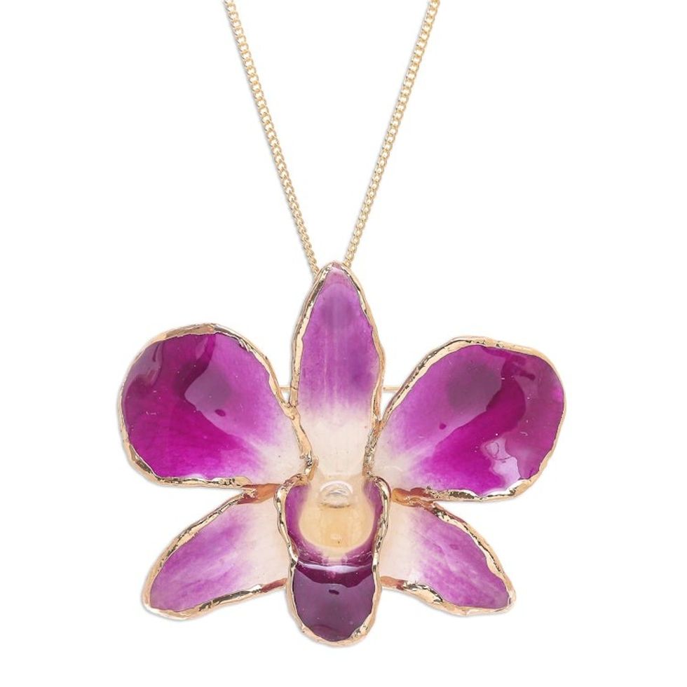 Hand Crafted Orchid Petal Pendant Necklace and Brooch 'Orchid Magic in Purple'