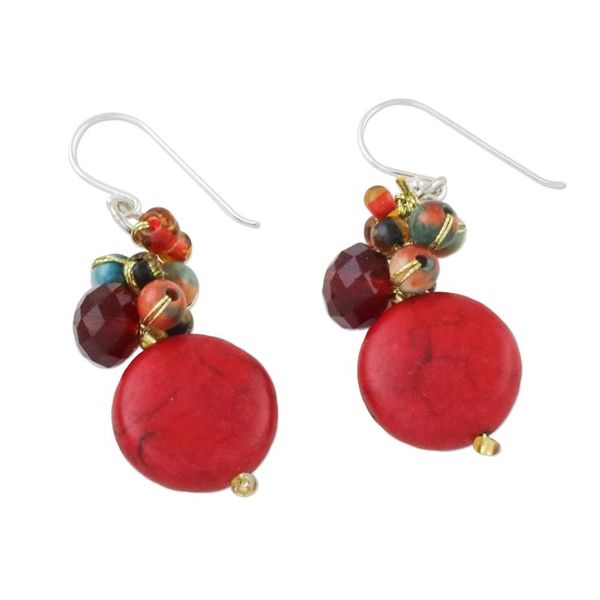 Alternate image for Red Calcite and Glass Bead Dangle Earrings from Thailand Red Circles