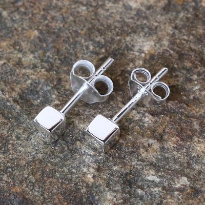 Alternate image for Handcrafted Sterling Silver Stud Earrings from Thailand Silver Cubes