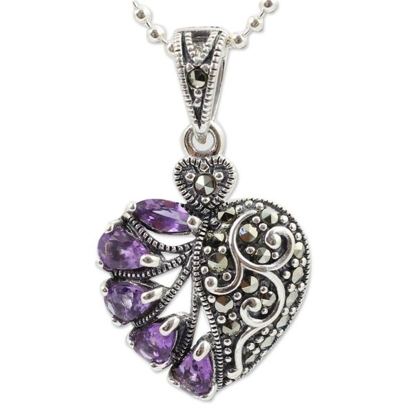 Alternate image for Amethyst Marcasite and Sterling Silver Heart Necklace Spectacular Romance
