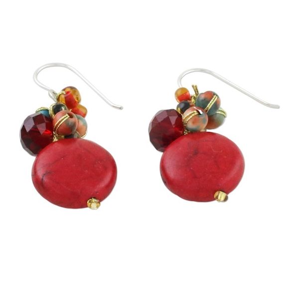 Alternate image for Red Calcite and Glass Bead Dangle Earrings from Thailand Red Circles