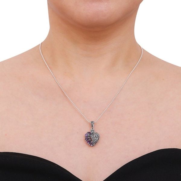 Alternate image for Amethyst Marcasite and Sterling Silver Heart Necklace Spectacular Romance