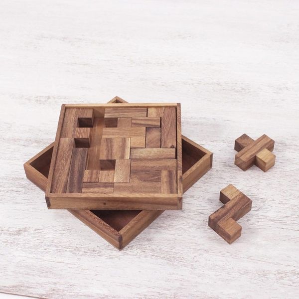Alternate image for Handcrafted Square Wood Geometric Puzzle from Thailand Geometry Game