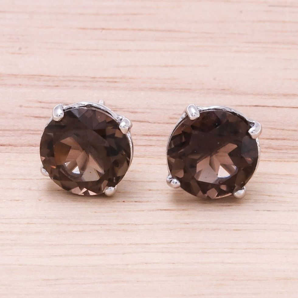 Rhodium Plated Smoky Quartz Stud Earrings from Thailand 'Precious Sparkle'