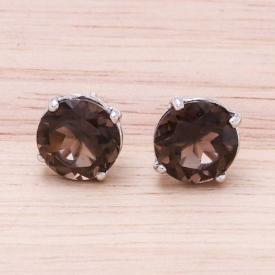 Alternate image for Rhodium Plated Smoky Quartz Stud Earrings from Thailand Precious Sparkle