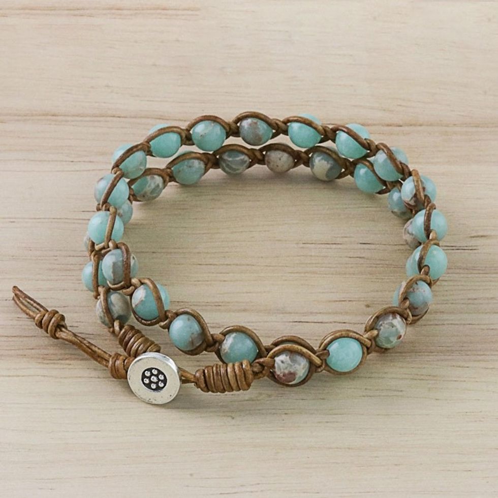 Jasper Beaded Wrap Bracelet in Blue from Thailand 'Sky Orbs'