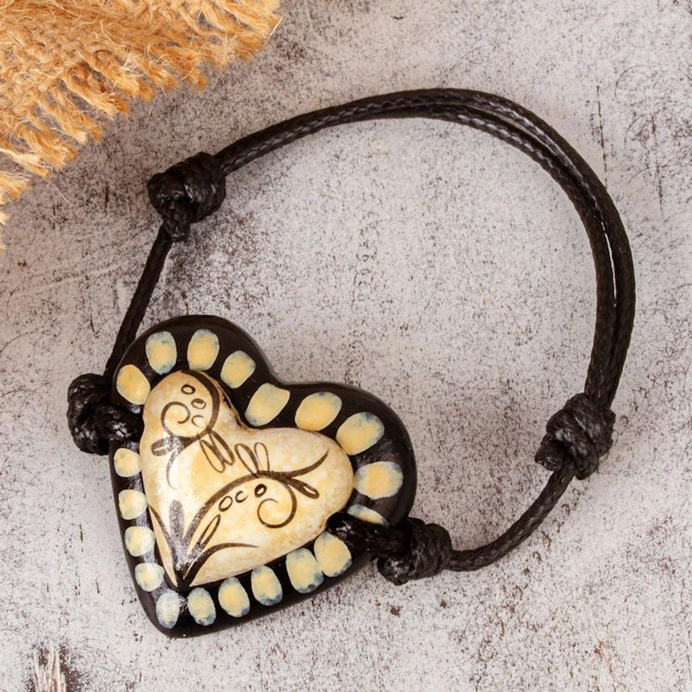 Black  Beige Hand Painted Papier Mache Heart Bracelet 'Ruffled Valentine'