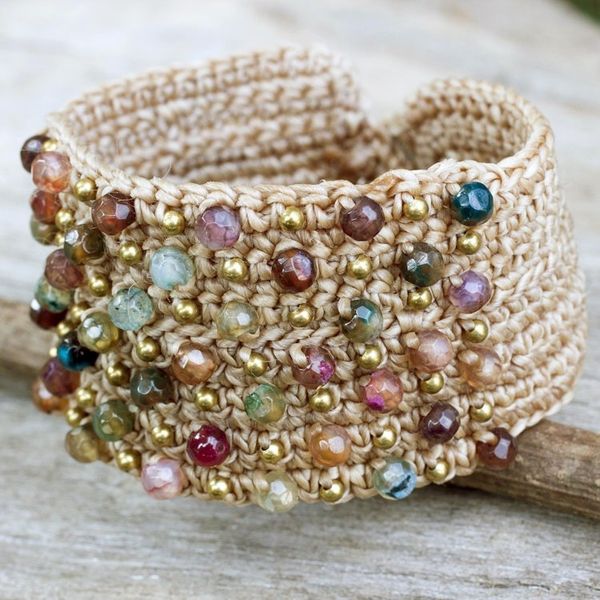Alternate image for Hand Crocheted Wristband Bracelet with Multi Color Agates Life in Pai