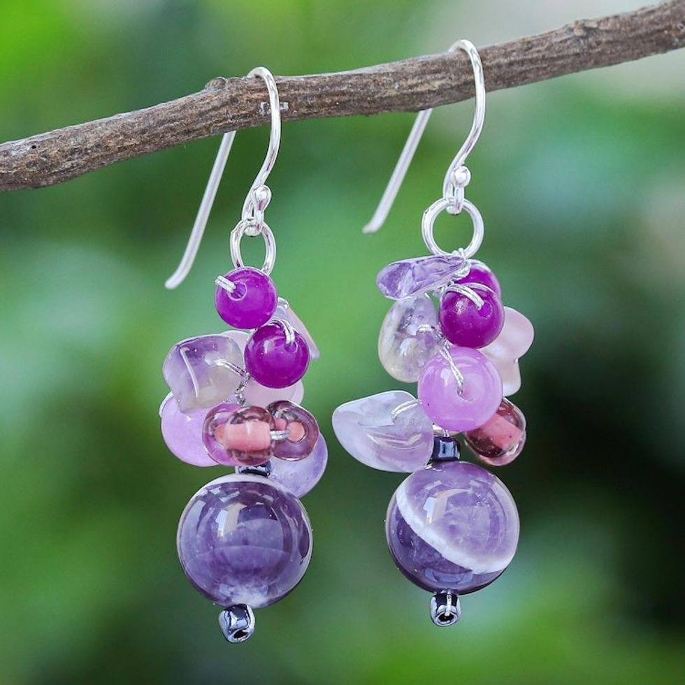 Purple Quartz and Amethyst Dangle Earrings from Thailand 'Lovely Blend in Purple'