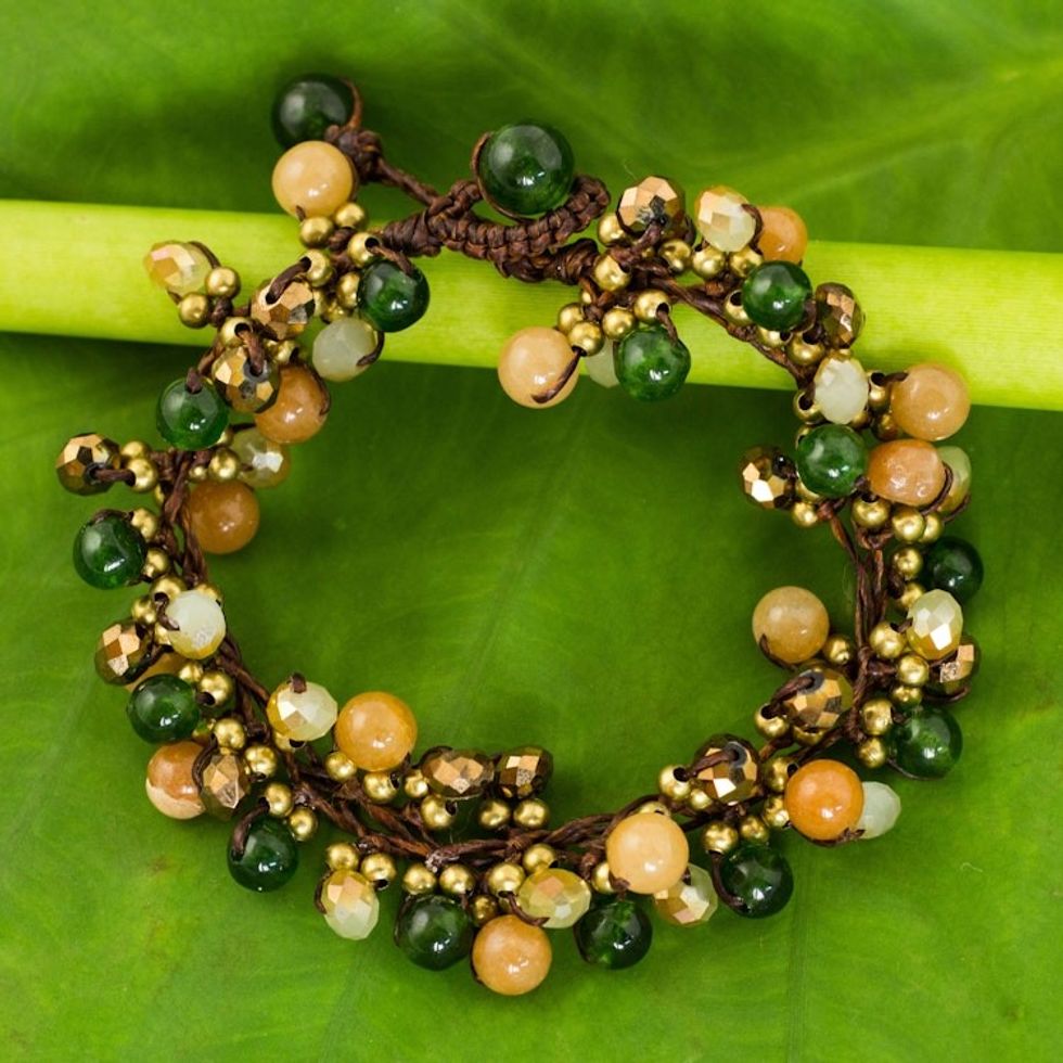 Artisan Hand Knotted Green Yellow Beaded Bracelet 'Tropical Cattlelaya'