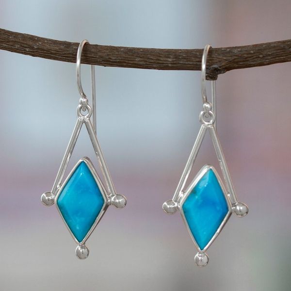 Alternate image for Turquoise and Taxco 950 Silver Artisan Crafted Earrings Spark of Blue