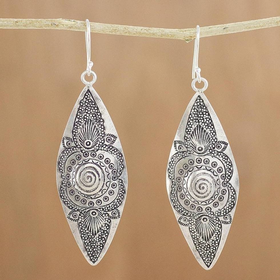 Hand-Stamped Karen Silver Dangle Earrings from Thailand 'Mesmerizing Karen'