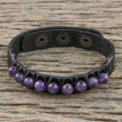 Alternate image for Amethyst and Leather Wrtistband Bracelet from Thailand Rock Walk