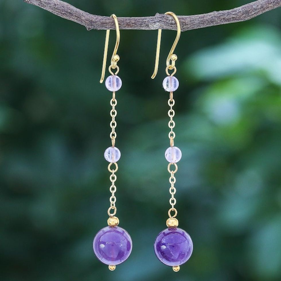 Hand Crafted Gold-Plated Amethyst Dangle Earrings 'Twilight Dew'