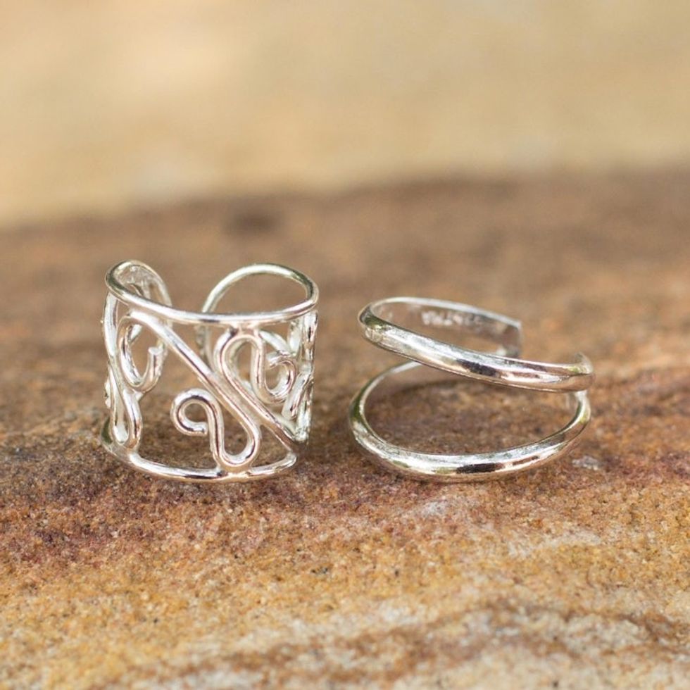 Sterling silver ear cuff earrings Pair 'Sleek Filigree'