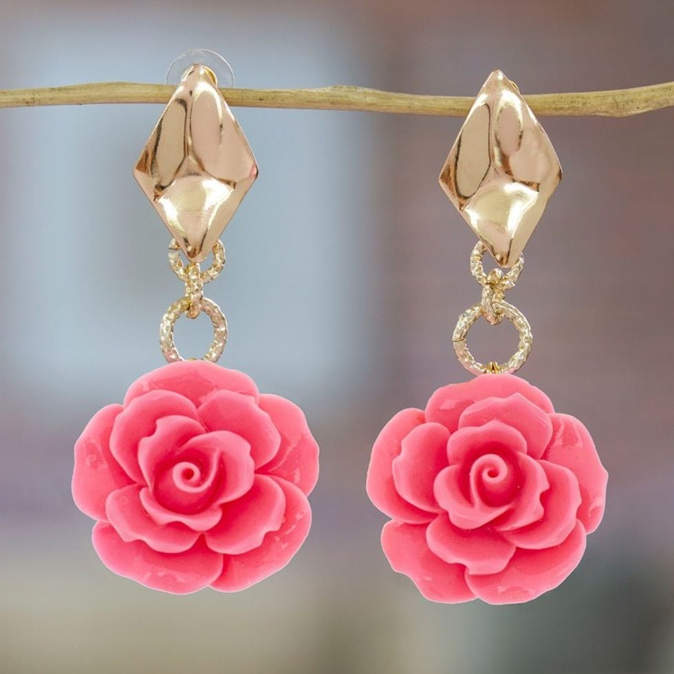 Floral 24k Gold-Plated Resin Dangle Earrings in Carnation 'The Carnation Belle'