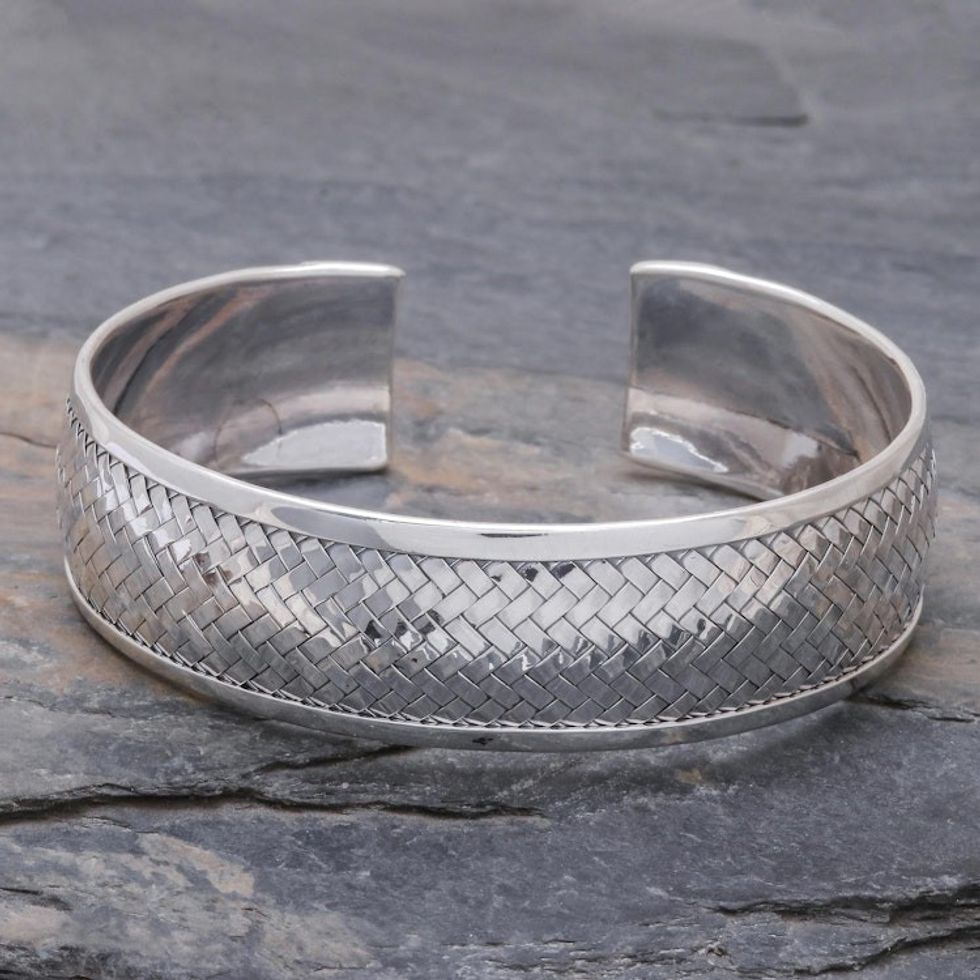 Sterling Silver Cuff Bracelet with Woven Motif 'Weaving Tales'