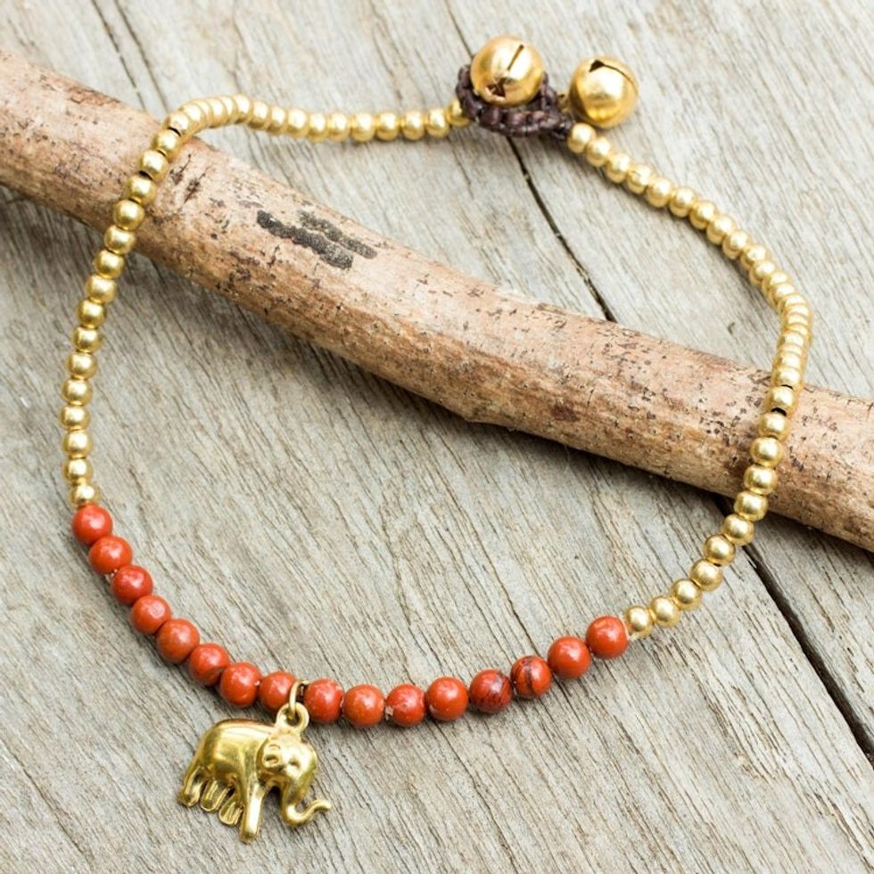 Beaded Brass Elephant Charm Anklet with Jasper 'Stylish Elephant'