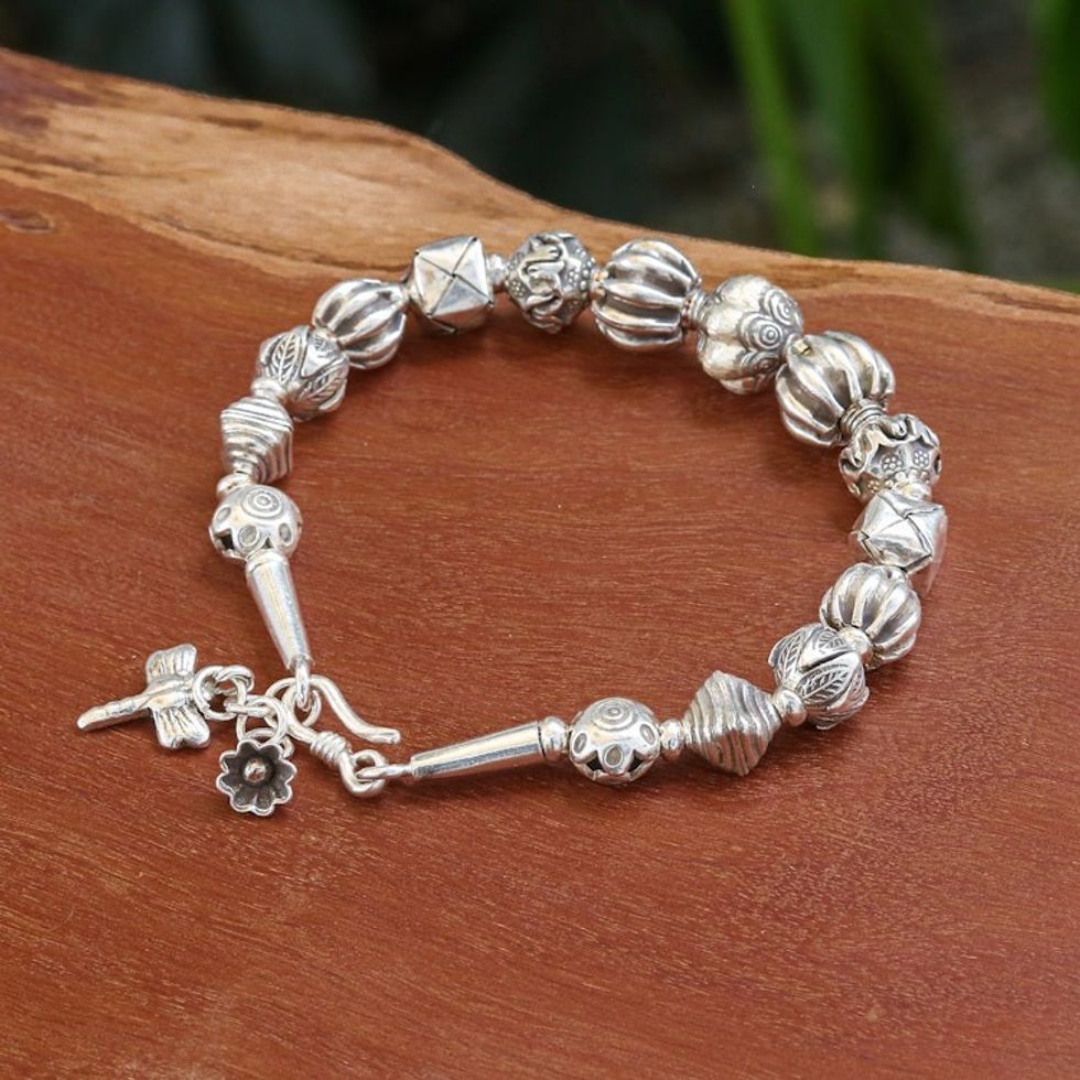 Hill Tribe-Themed Silver Beaded Charm Bracelet 'Souls from the Forest'