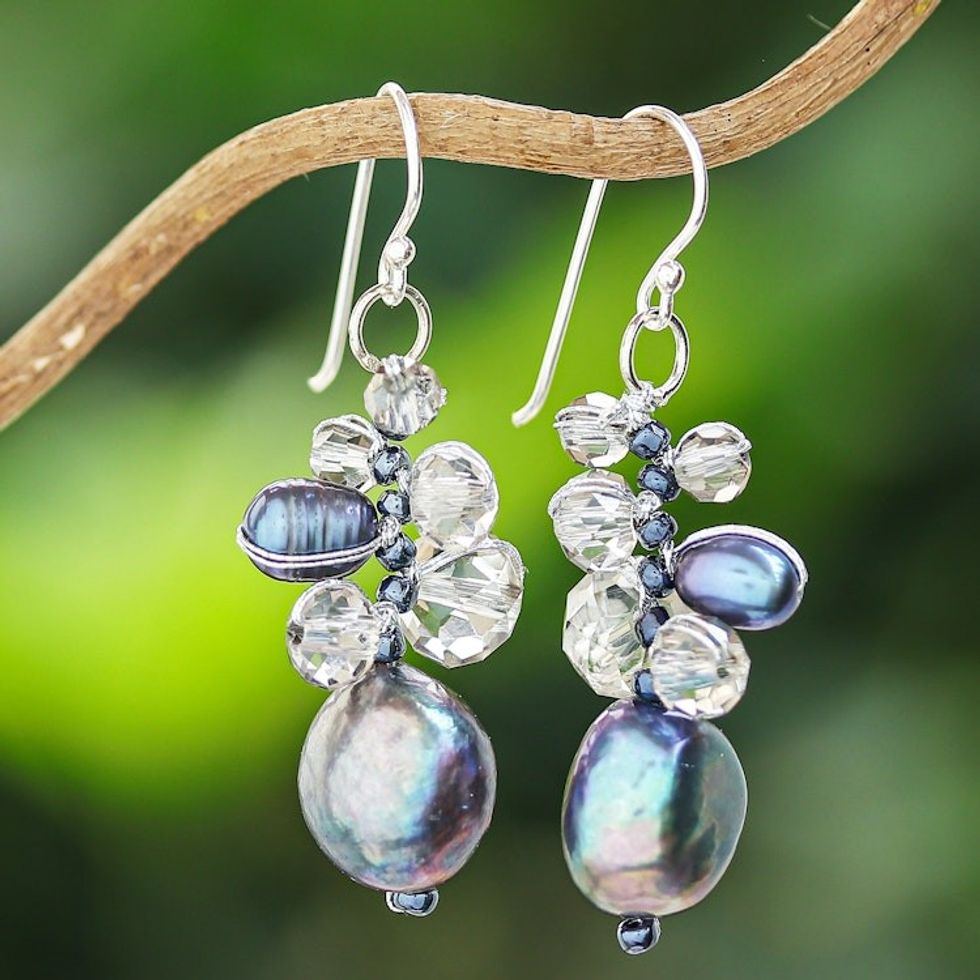 Clear Glass Beaded Dangle Earrings with Black Pearls 'Rain of Mystery'