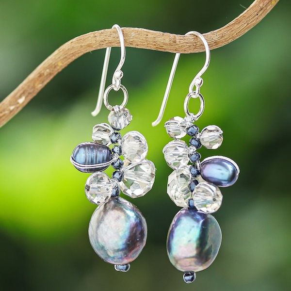 Alternate image for Clear Glass Beaded Dangle Earrings with Black Pearls Rain of Mystery