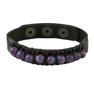 Alternate image for Amethyst and Leather Wrtistband Bracelet from Thailand Rock Walk