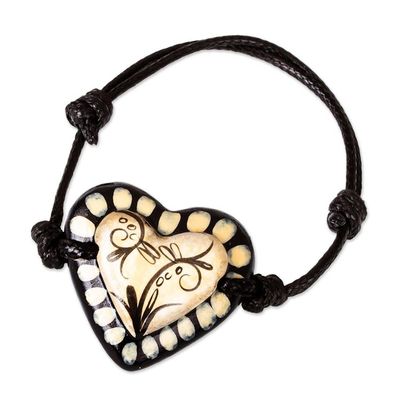 Alternate image for Black  Beige Hand Painted Papier Mache Heart Bracelet Ruffled Valentine