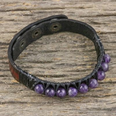 Alternate image for Amethyst and Leather Wrtistband Bracelet from Thailand Rock Walk