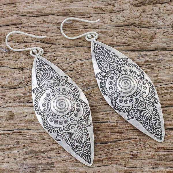 Alternate image for Hand-Stamped Karen Silver Dangle Earrings from Thailand Mesmerizing Karen