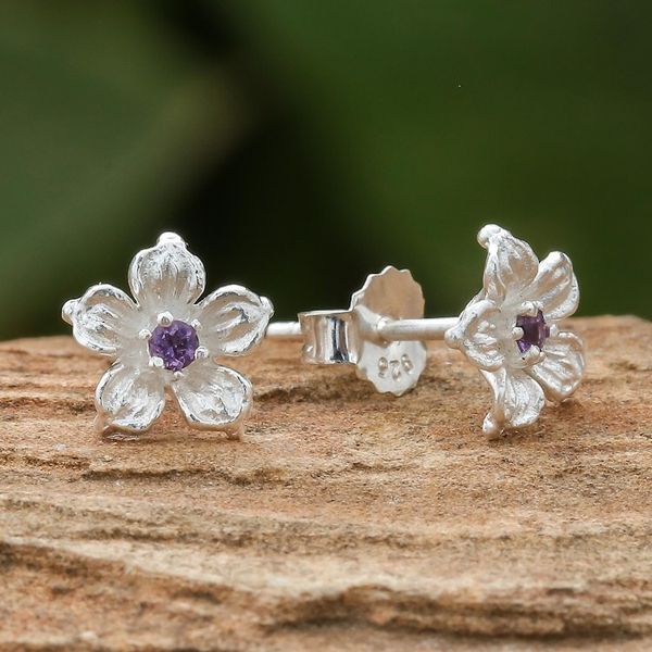 Alternate image for Floral Amethyst Stud Earrings from Thailand Winter Blooms