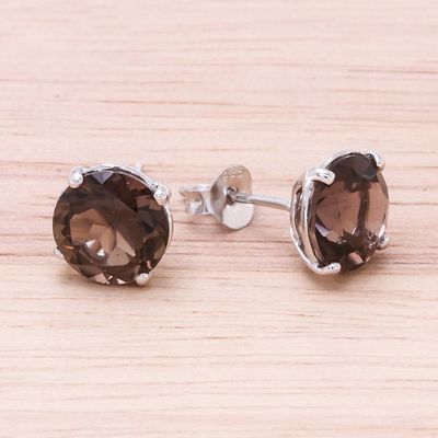 Alternate image for Rhodium Plated Smoky Quartz Stud Earrings from Thailand Precious Sparkle