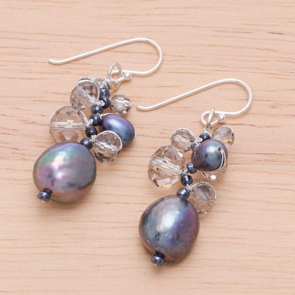 Alternate image for Clear Glass Beaded Dangle Earrings with Black Pearls Rain of Mystery