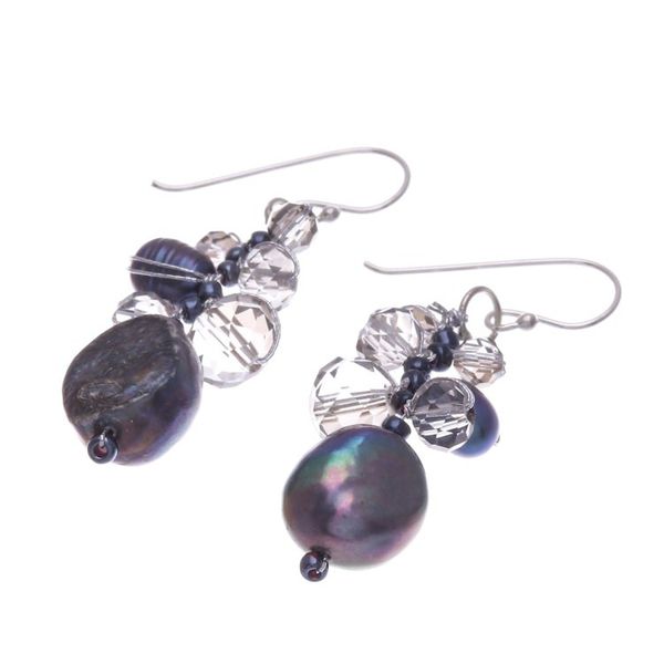 Alternate image for Clear Glass Beaded Dangle Earrings with Black Pearls Rain of Mystery