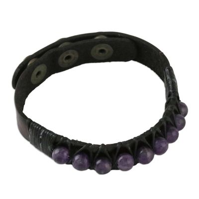 Alternate image for Amethyst and Leather Wrtistband Bracelet from Thailand Rock Walk