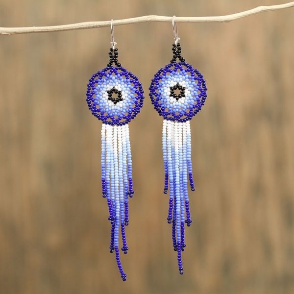 Alternate image for Long Glass Beaded Earrings in Blue from Mexico Blue Dreamcatcher